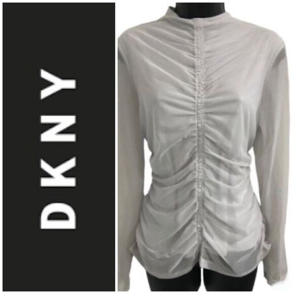 DKNY - NWT - 🎉HP🎉 L Sz XS BodyCon Ruched All-Over-Mesh Long Sleeve Funnel Neck - Picture 1 of 13